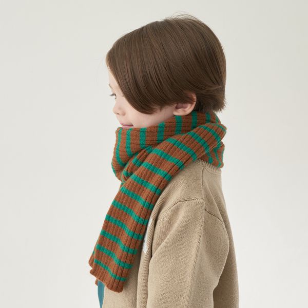 日本 b-ROOM - 注目配色條紋針織圍巾-藍x淺灰 (F)