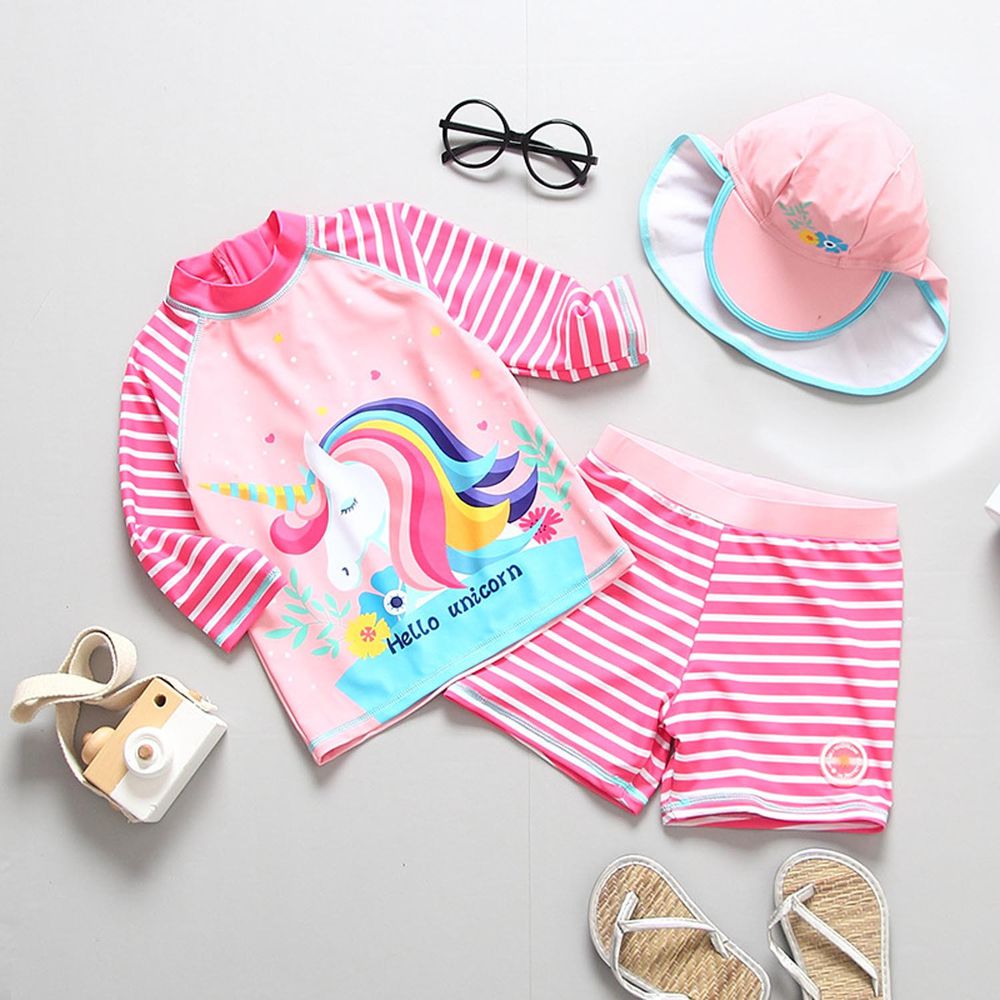 女寶長袖泳裝套裝(附帽子)-條紋+獨角獸-粉色
