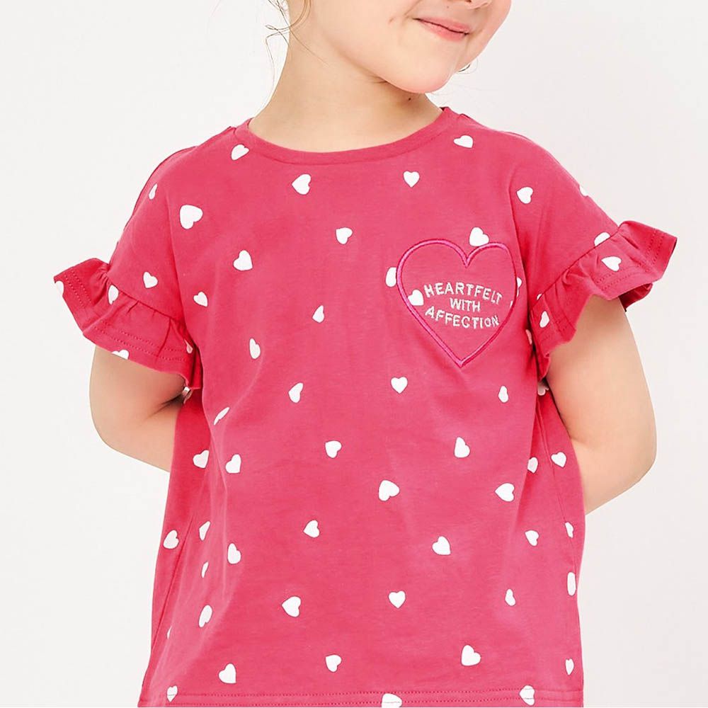 荷葉袖可愛女孩短袖上衣-滿版愛心-桃紅