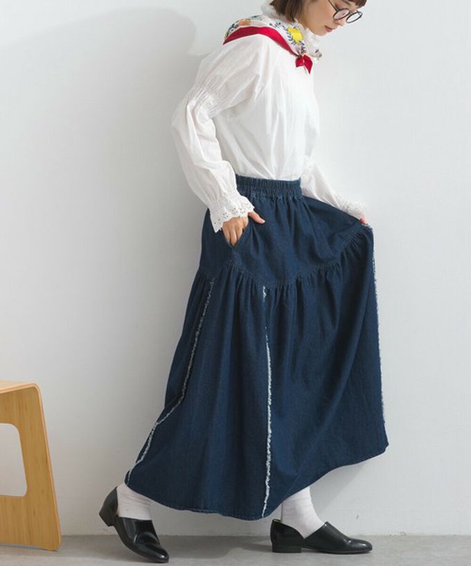 日本 Lupilien - 厚磅立體感線條澎澎長裙(附口袋)-海軍藍丹寧