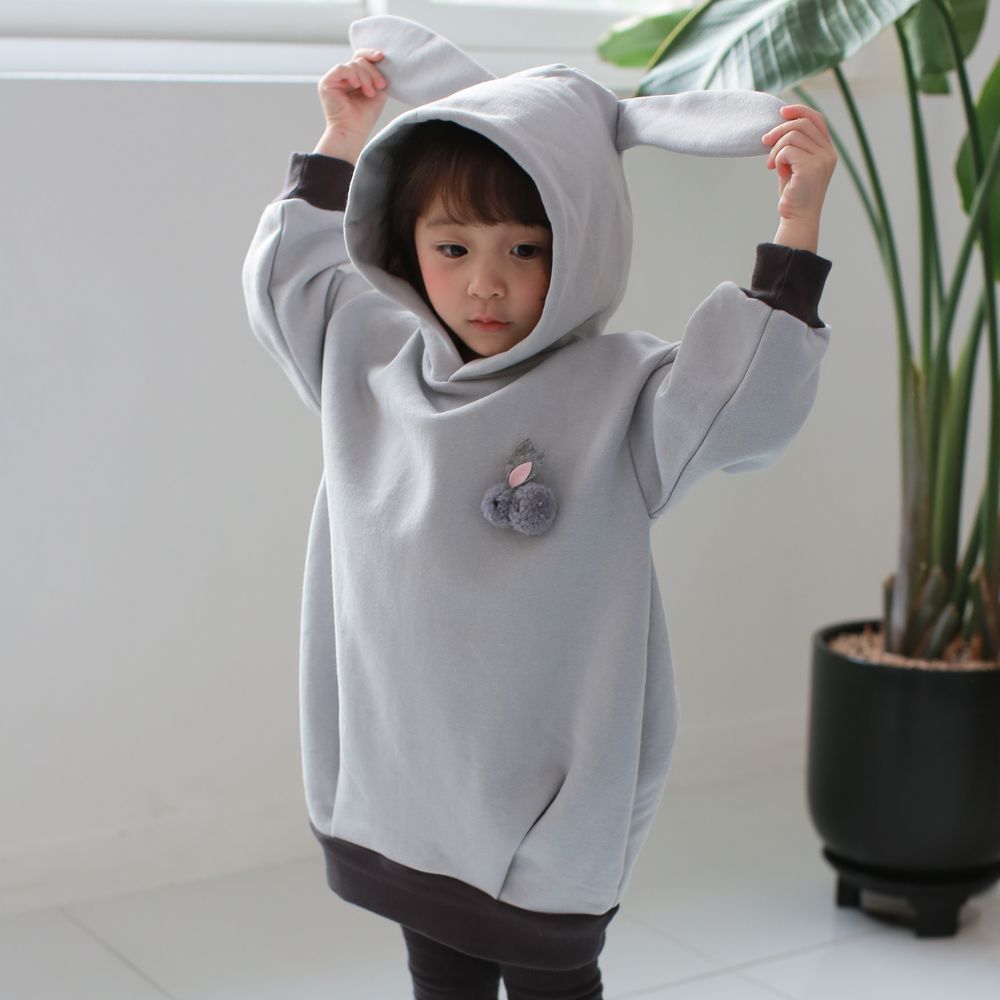 韓國 Coco Rabbit - 兔耳朵造型連帽長版T/洋裝-淺灰