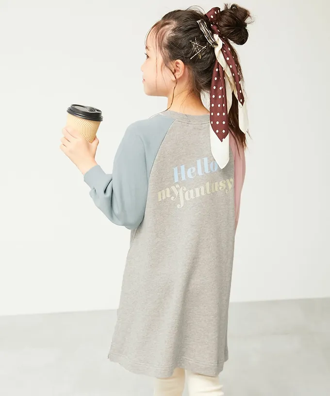 日本 devirock - 100%棉 撞色印花長袖洋裝-燕麥X粉紅X棕