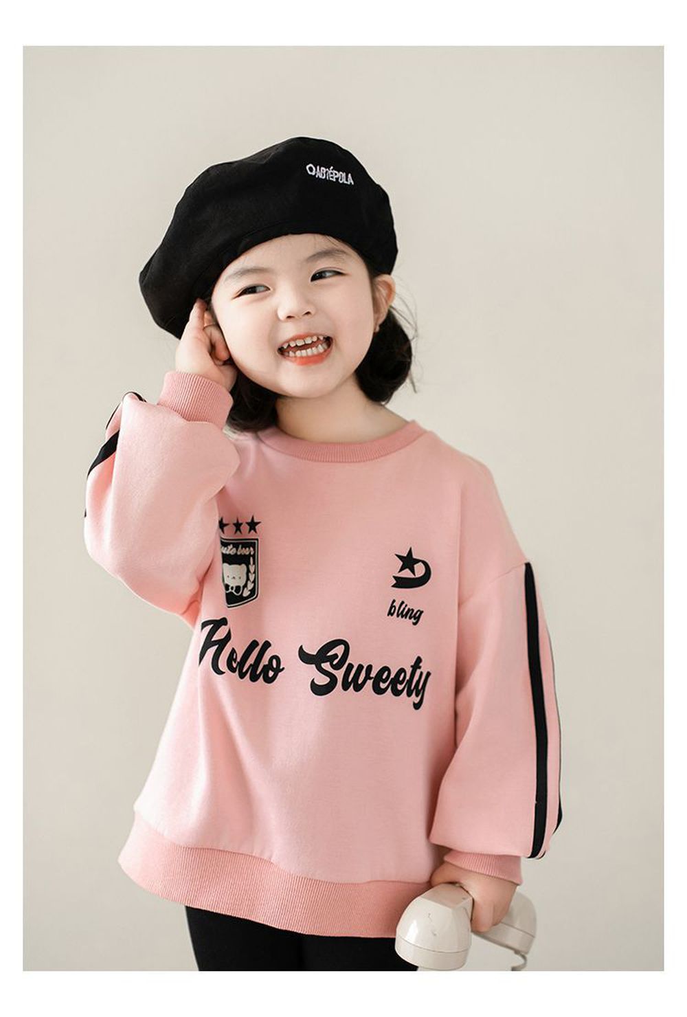 休閒百搭圓領長袖上衣/大學T-HELLO SWEETY-粉色
