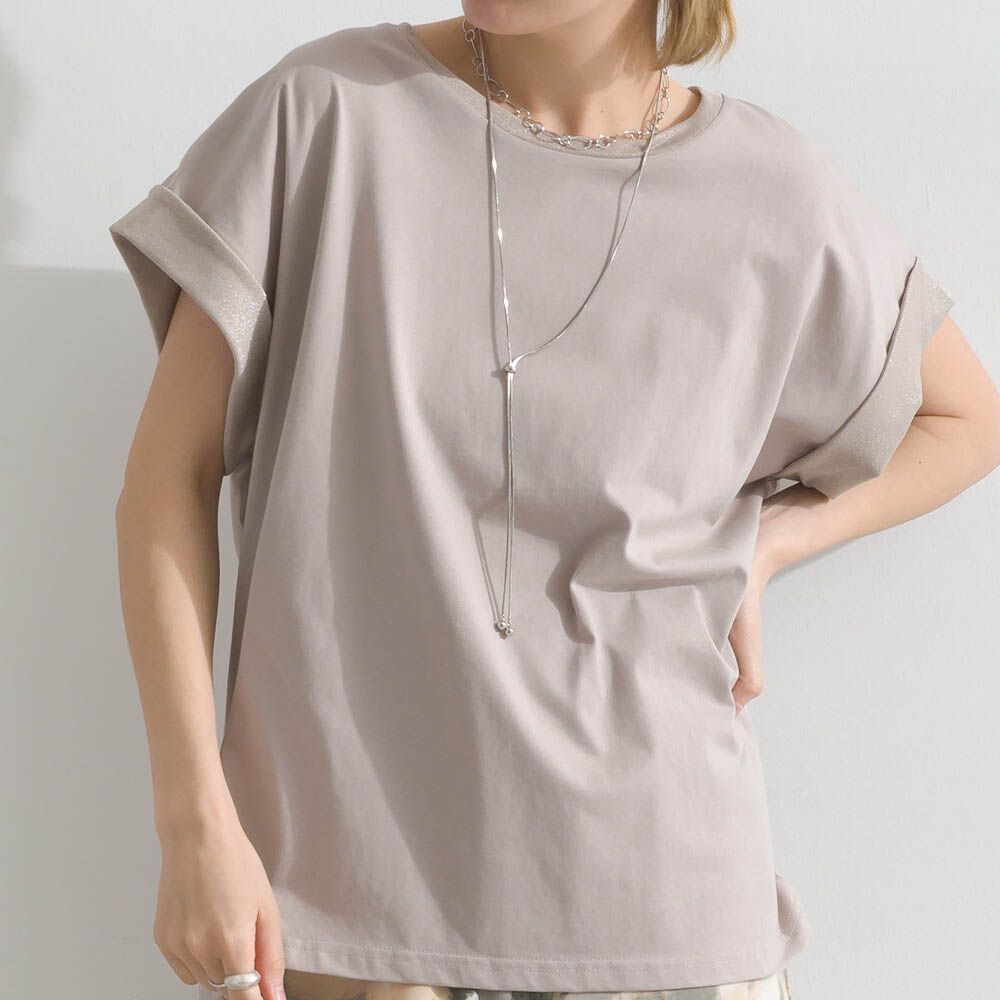 光澤滾邊舒適休閒法式袖上衣-卡其棕