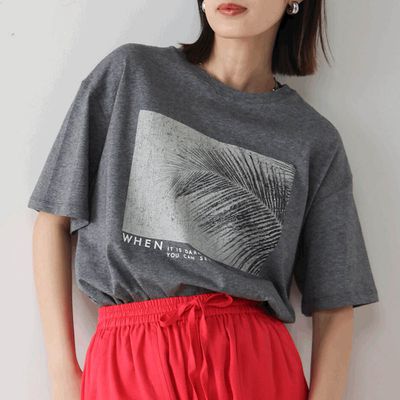 日本 Bab - 100%棉 清新夏日樹葉印花T恤-灰