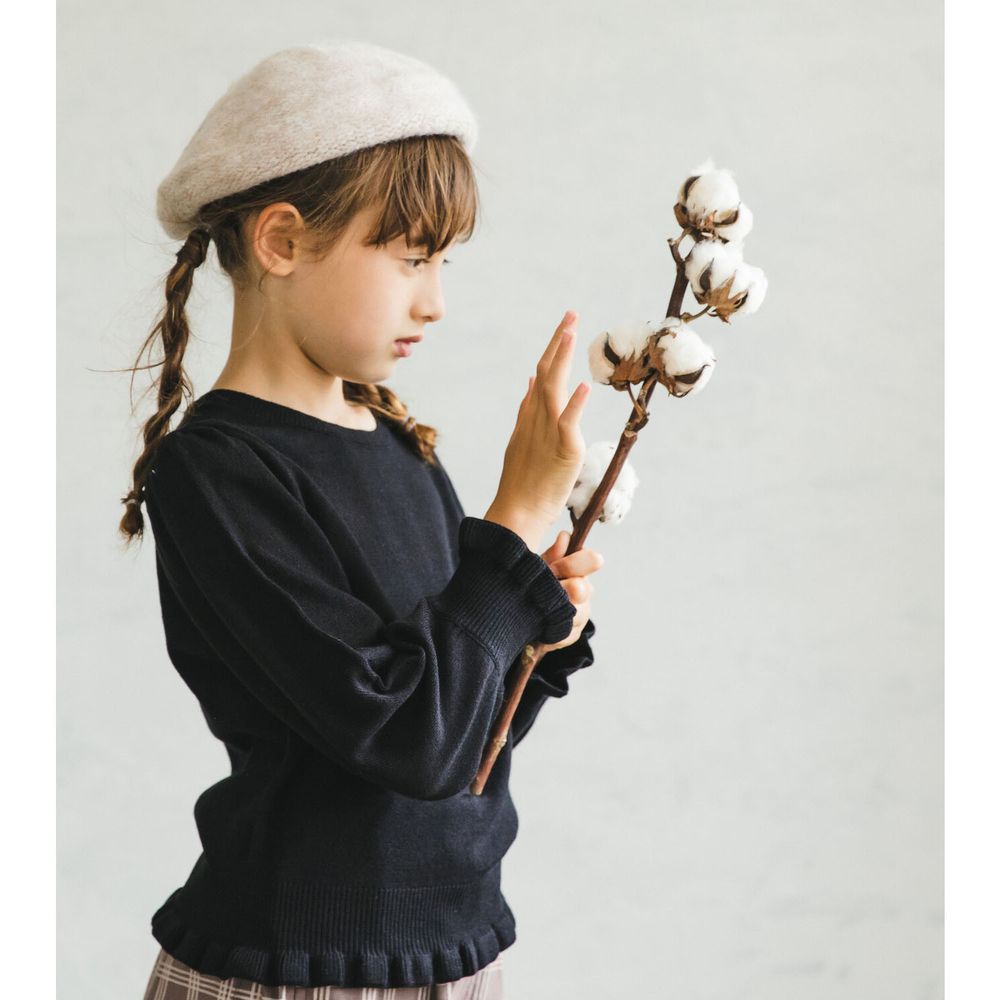 日本 PAIRMANON - 小荷葉造型袖口/衣襬薄針織上衣(孩子)-黑