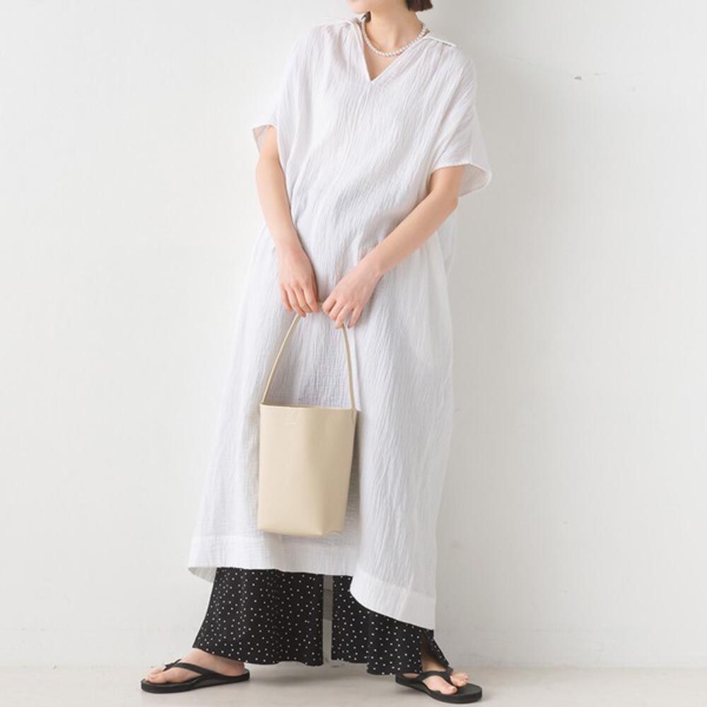 日本 OMNES - 100%印度棉 二重紗V領短袖洋裝-白