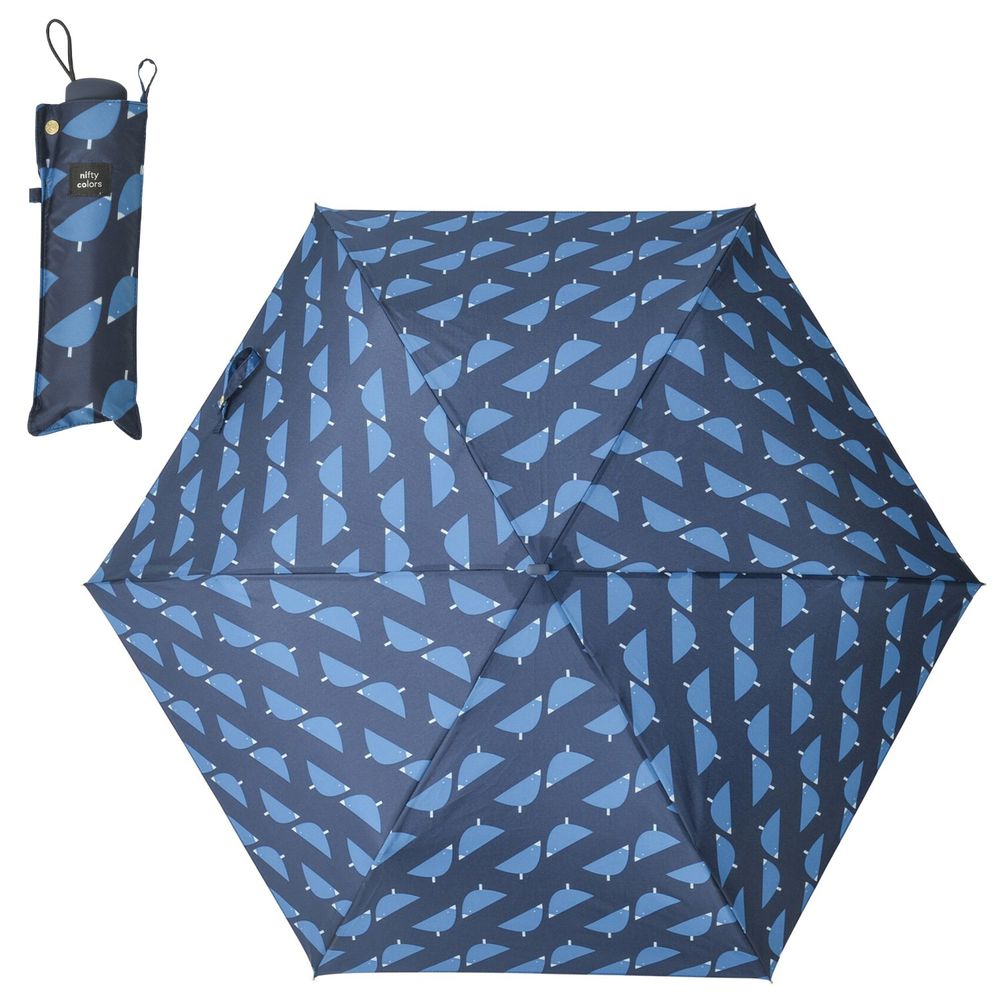 日本 nifty colors - 抗UV輕量 晴雨兩用折疊傘-幾何小鳥-深藍 (直徑98cm/196g)-90.00%
