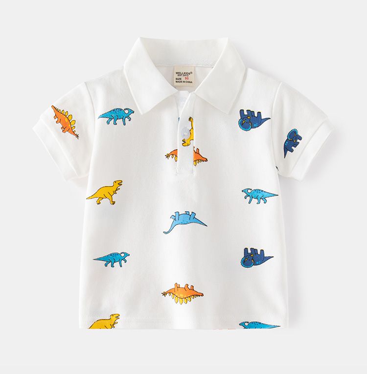 WELLKIDS - 純棉休閒翻領短袖襯衫-繽紛恐龍-白色