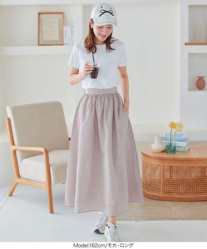 日本 Kobe Lettuce - 清爽透明格子鬆緊長裙(有口袋)-可選長度-黑