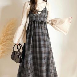 日本 GRL - 法蘭絨溫柔格紋吊帶傘狀洋裝-灰 (F)