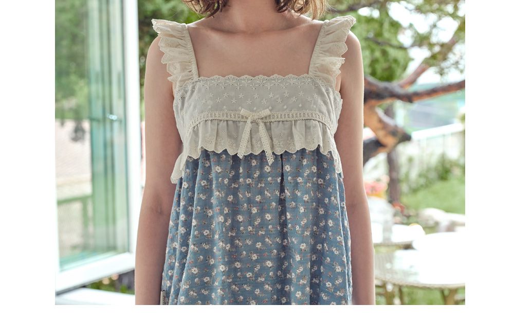 韓國 ULLALA - 蕾絲花邊無袖睡衣(兩件式)-藍 (FREE)