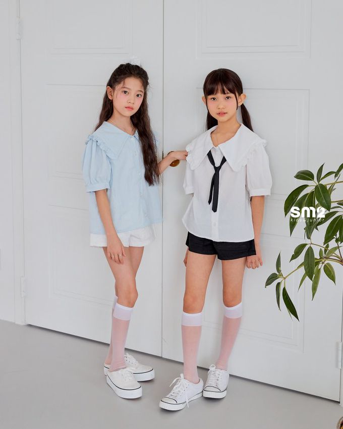 韓國 sm2 - 大荷葉翻領短袖襯衫-水藍