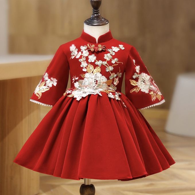 love, charlotte - 氣質中式繡花旗袍領絨面拜年洋裝禮服