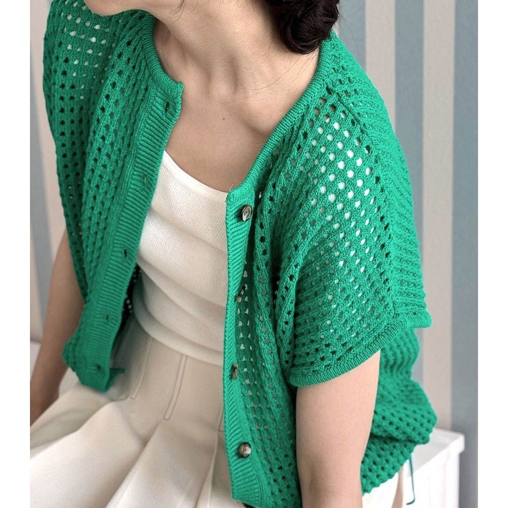 韓製 洞洞針織圓領抽繩背心外套/上衣-綠 (FREE)