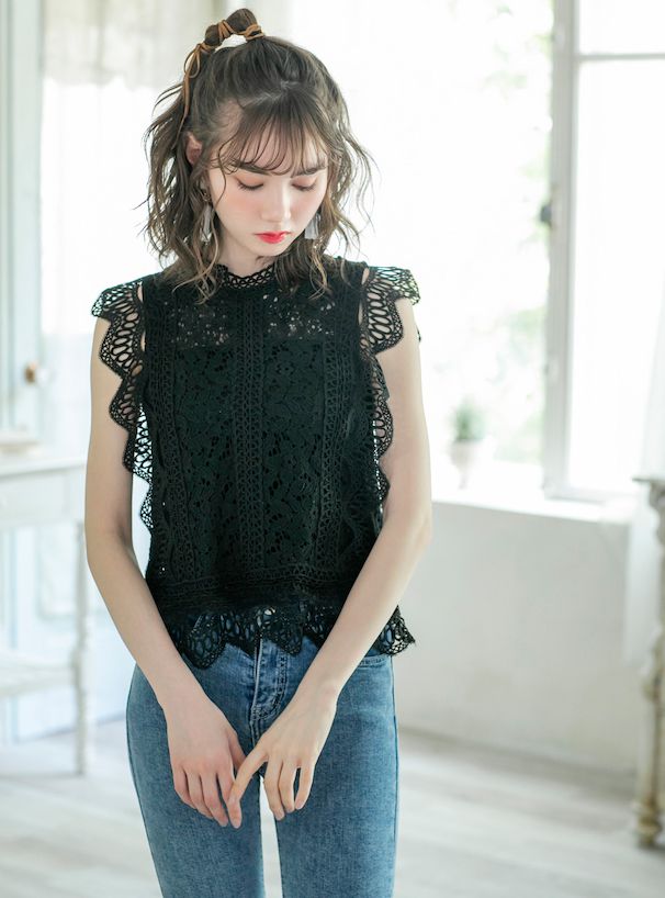 日本 GRL - 優雅鏤空蕾絲無袖上衣-時尚黑
