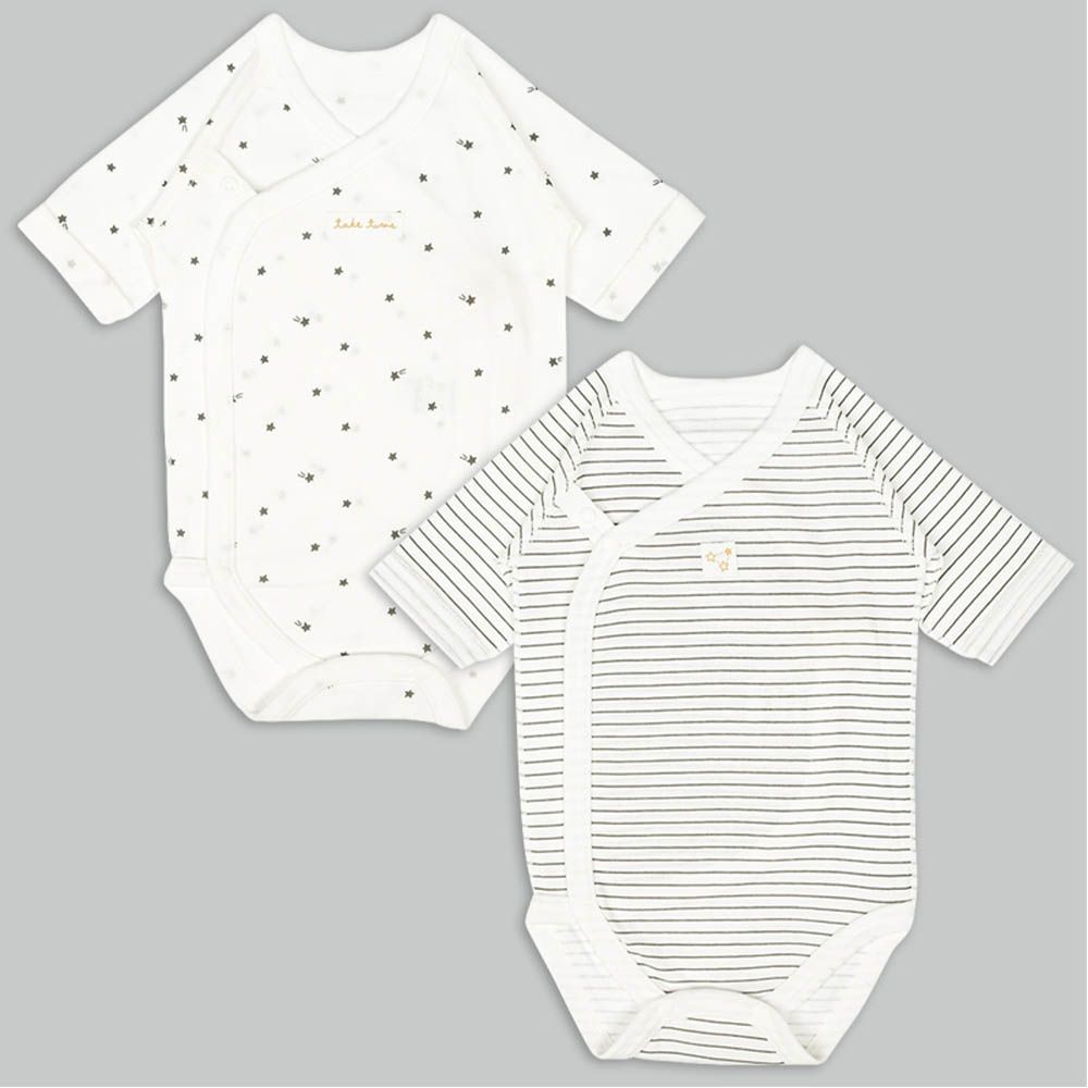 長袖包屁衣2件組-流星 橫紋-米白色 (50~60cm)