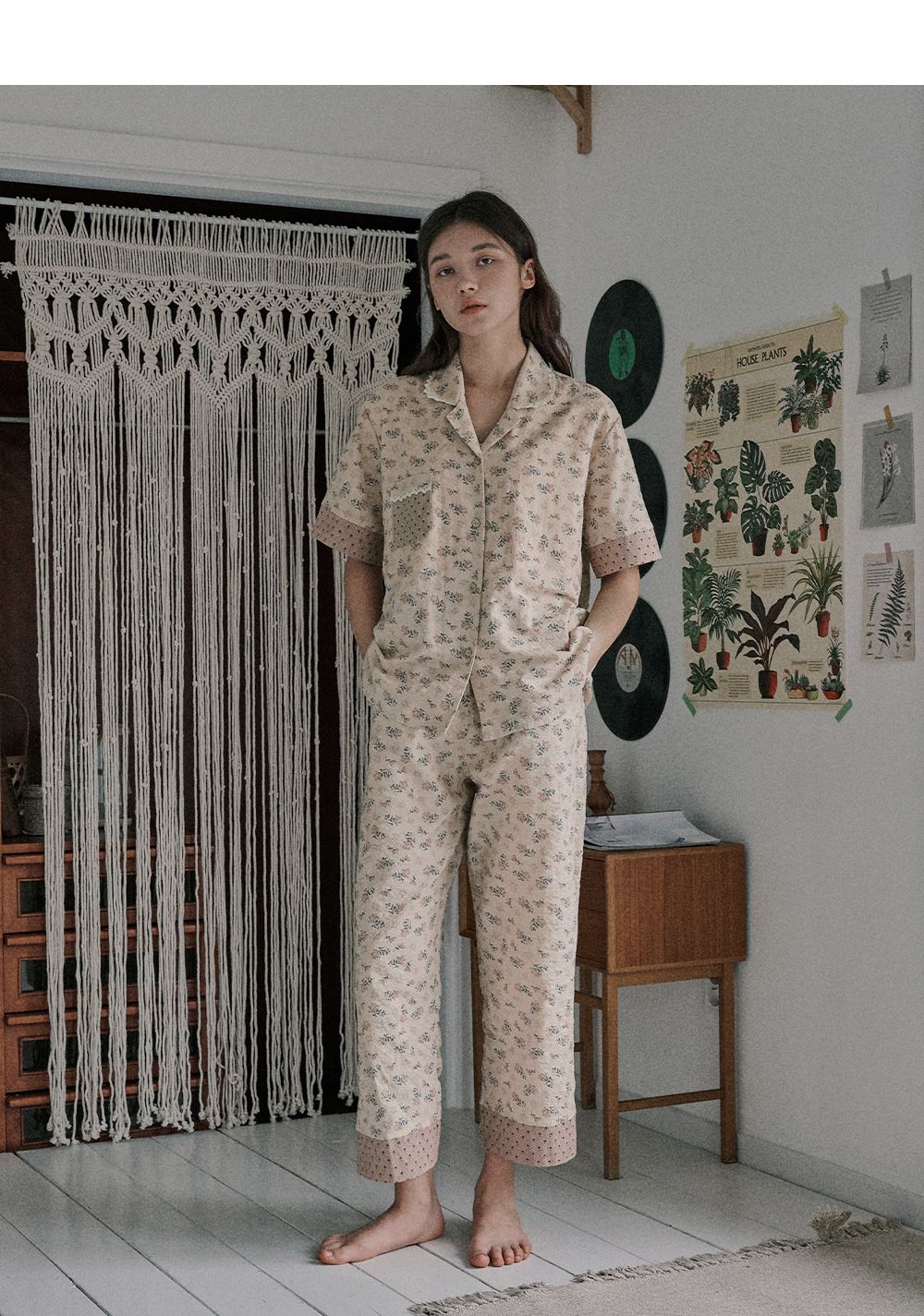 韓國 ULLALA - 復古碎花長褲睡衣(兩件式) (FREE)