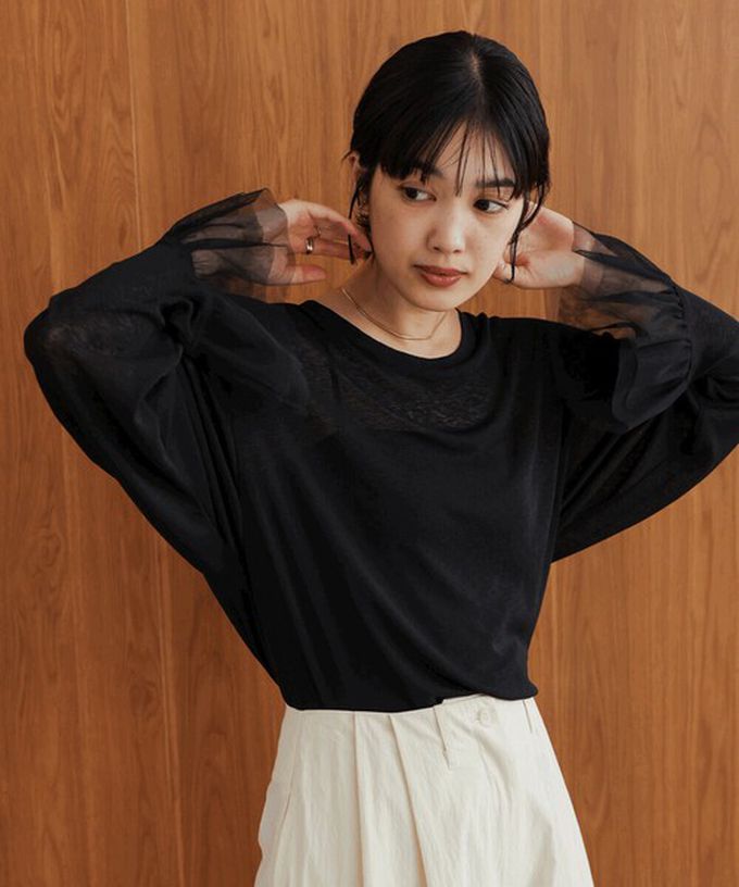 日本 Bab - 雙層薄紗拼接俏麗長袖上衣-黑