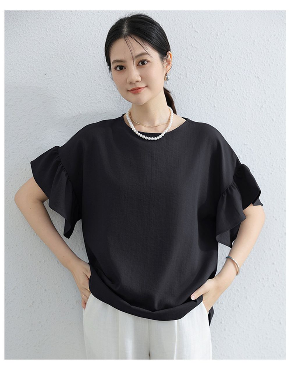 簡約優雅寬袖上衣-荷葉款-黑色 (F)