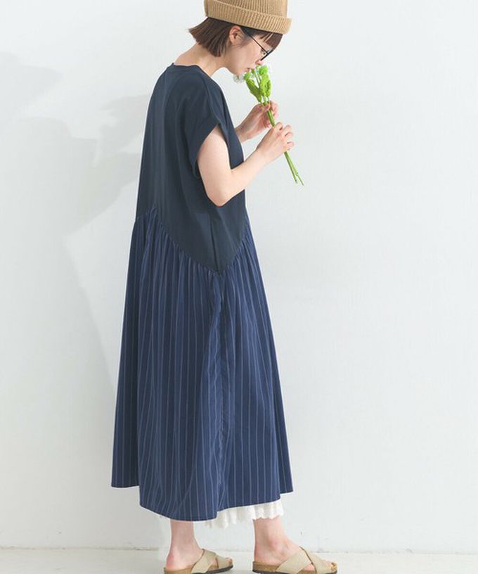 日本 Lupilien - [人氣款]亞麻混紡條紋拼接短袖洋裝-芥末黃