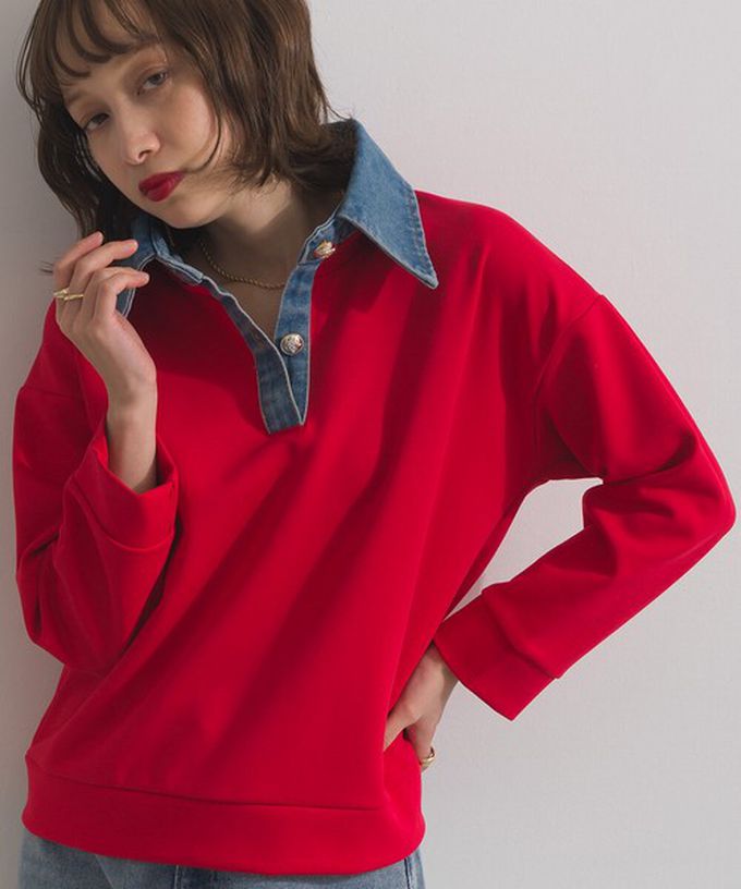 日本 ELENCARE DUE - 牛仔領層次感厚磅休閒長袖上衣-紅