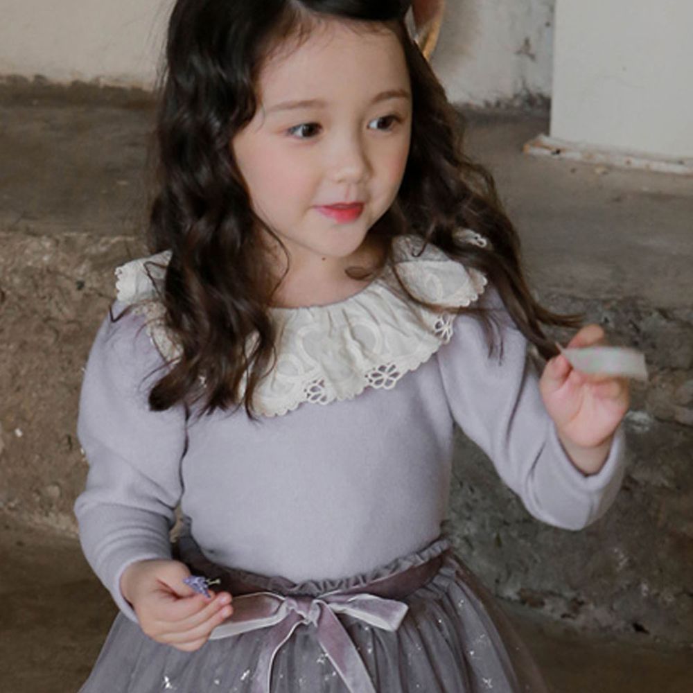 韓國 Puellaflo - (裏起毛)抓皺花瓣蕾絲領公主袖上衣-紫
