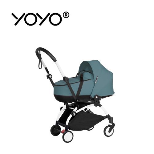 YOYO² 法國 Bassinet 0+新生兒睡籃推車(含車架)-白色車架+湖水藍睡籃