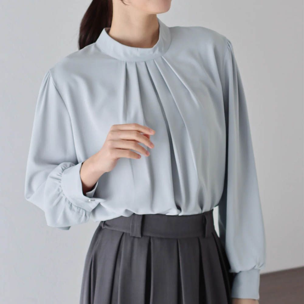 優雅摺線都會感小立領長袖上衣-水藍