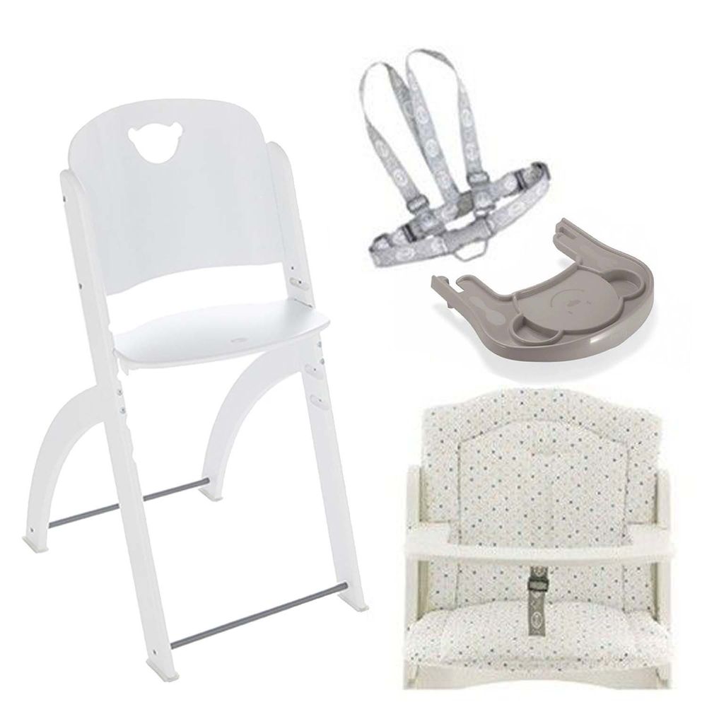 義大利 Pali - Pappy Re 熊寶寶成長餐椅組-白色-含點點坐墊、灰色小熊餐盤、安全帶