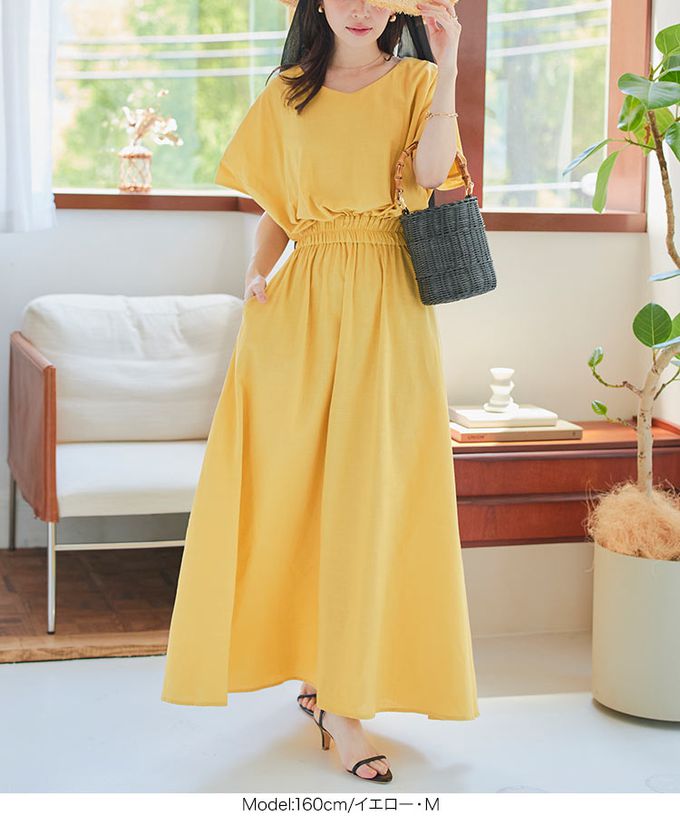 日本 Kobe Lettuce - 亞麻度假感V領修身束腰洋裝-活力黃 (M)