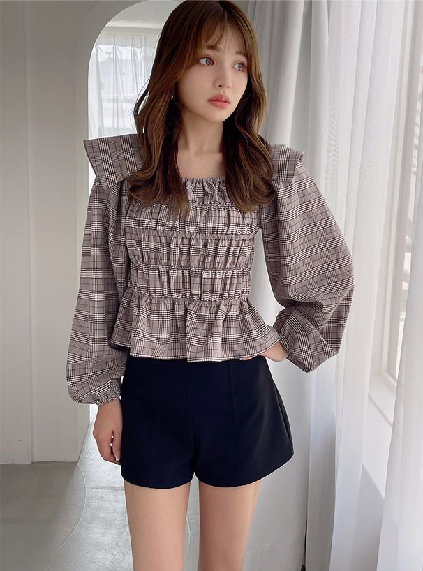 日本 GRL - 復古格紋抓皺長袖上衣-深可可