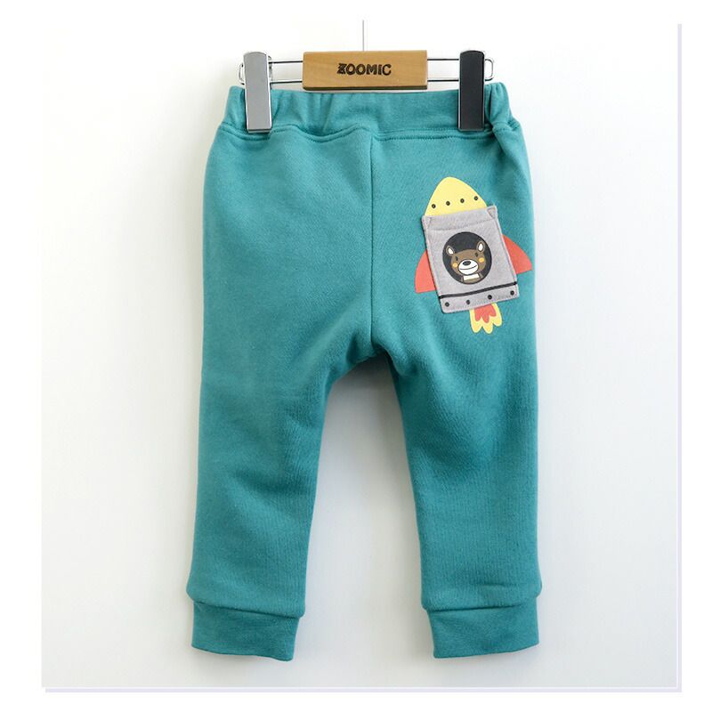 日本 ZOOLAND - 裏起毛印花束口長褲-小熊火箭-綠