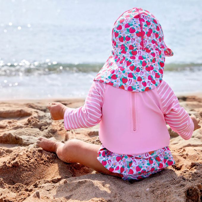 英國 JoJo Maman BeBe - 嬰幼兒/兒童泳裝戲水UPF50+防曬護頸遮陽帽-甜蜜草莓