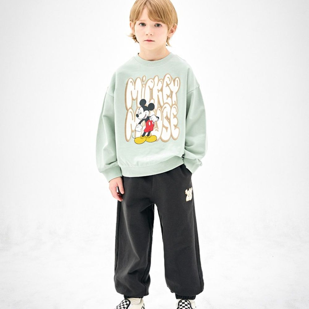 (聯名款)美式塗鴉風格長袖套裝-卡通人物米奇-綠X黑灰