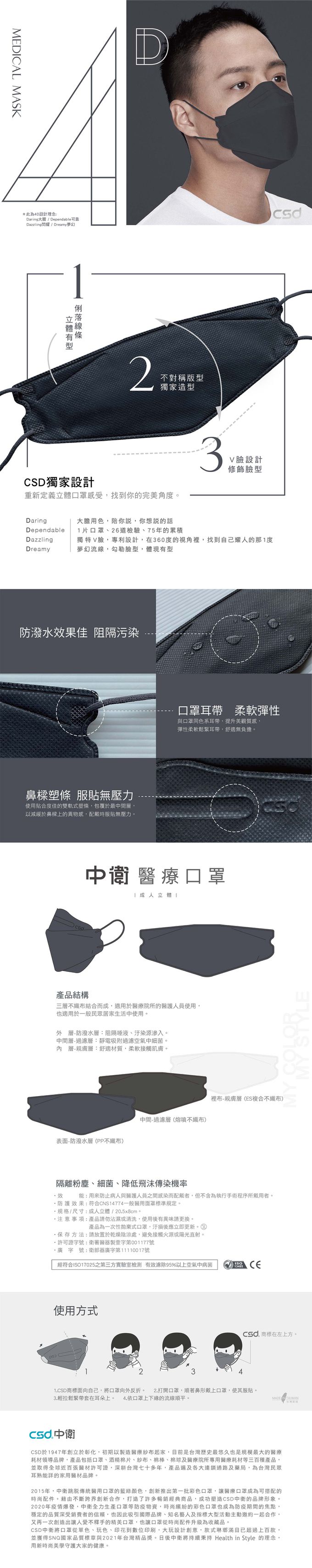 CSD中衛 - 醫療口罩-成人立體-4D夜幕灰(20片/盒)