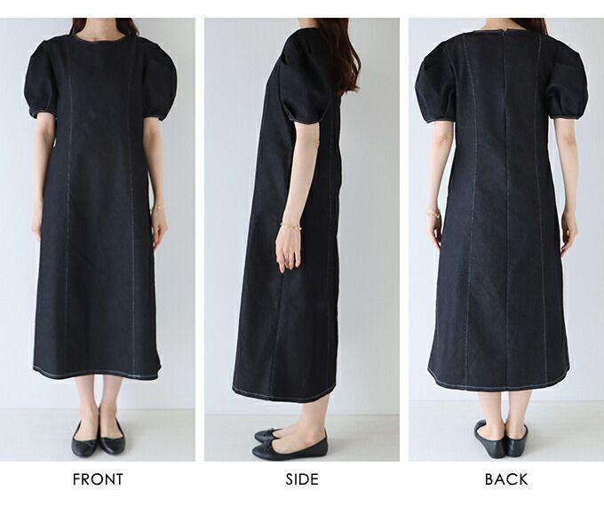 日本 BLUE EAST - 丹寧風顯瘦剪裁泡泡短袖洋裝-白