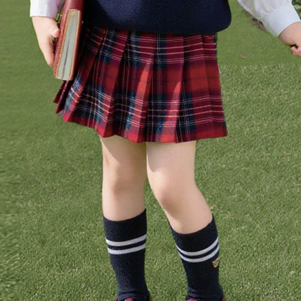 學院風格紋百摺短裙-紅色