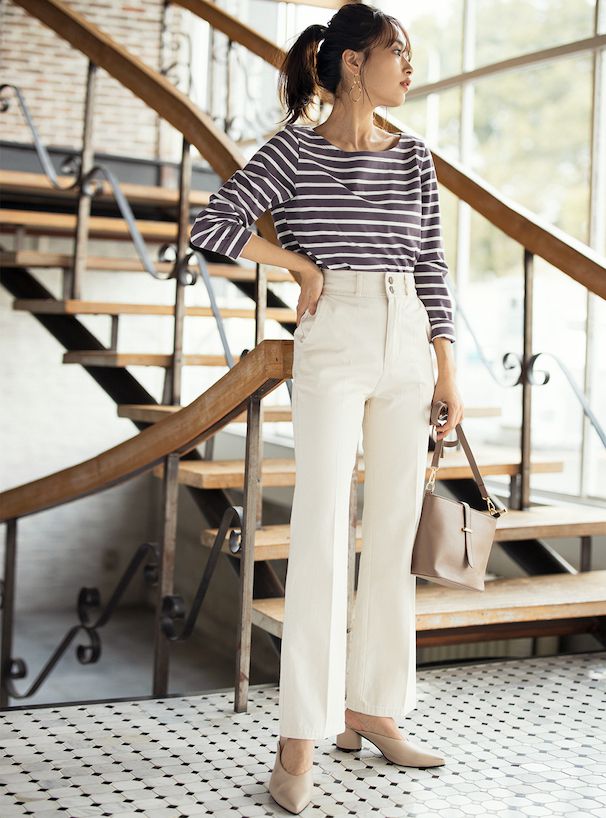 日本 GRL - 顯瘦剪裁圓領薄長袖上衣-條紋-粉紫x白 (F)