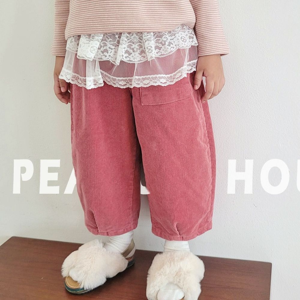 Peanuts House 鬆緊腰單口袋燈芯絨抓褶長褲-桃粉