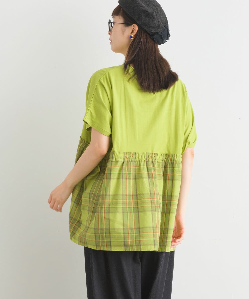 日本女裝代購 - 清新側綁帶拼接短袖上衣-卡其格紋