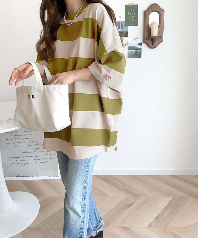 日本 Classical Elf - Java 純棉寬條紋落肩五分袖上衣-咖啡x米杏