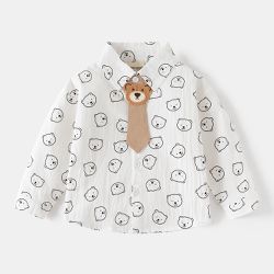 WELLKIDS - 純棉休閒長袖襯衫-熊熊領帶-滿版印花