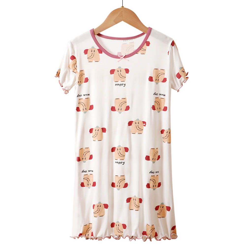 涼感莫代爾短袖連身睡裙/家居服-木耳邊滿版大象-白色
