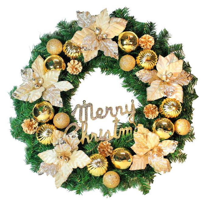 MODACore 摩達客 - 摩達客耶誕-24吋浪漫朵朵聖誕花豪華綠色聖誕花圈福臨圈(香檳雙金系)(台灣手工藝製/免組裝)  本島免運費