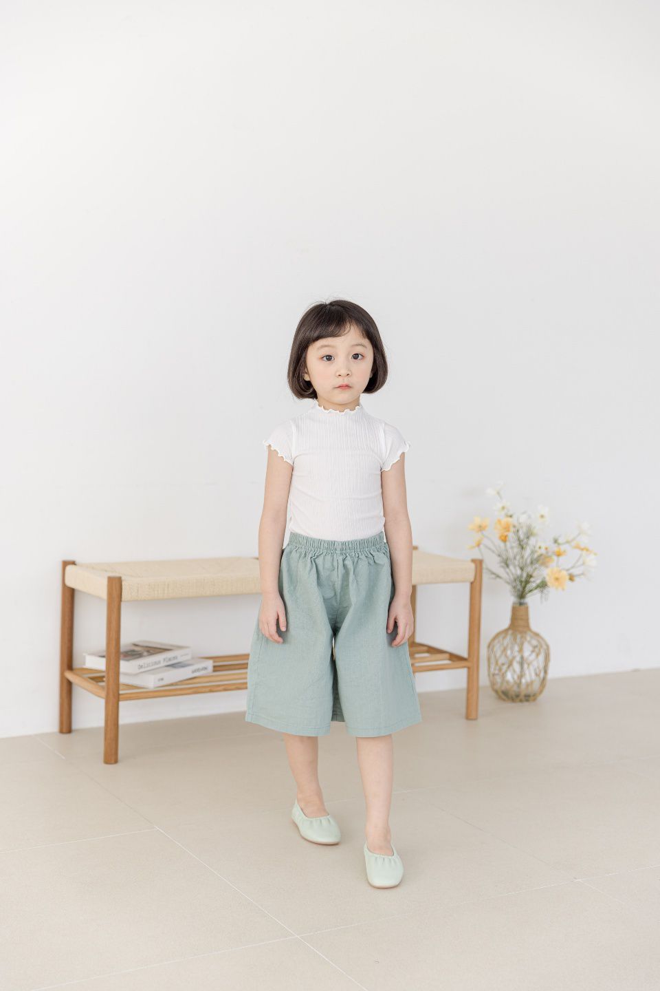 韓國 Orange Mom - 鬆緊腰寬版七分褲-薄荷綠