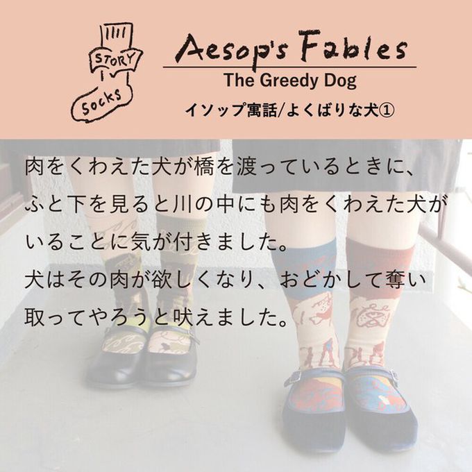 日本女裝代購 - 日本製 伊索寓言印花長襪-貪心的狗-棕x藍 (23-25cm)