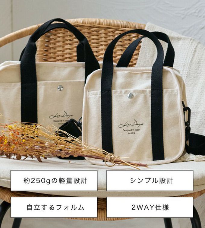 日本 LIZDAYS - 2way輕量文藝方形帆布小包-米杏x斑點