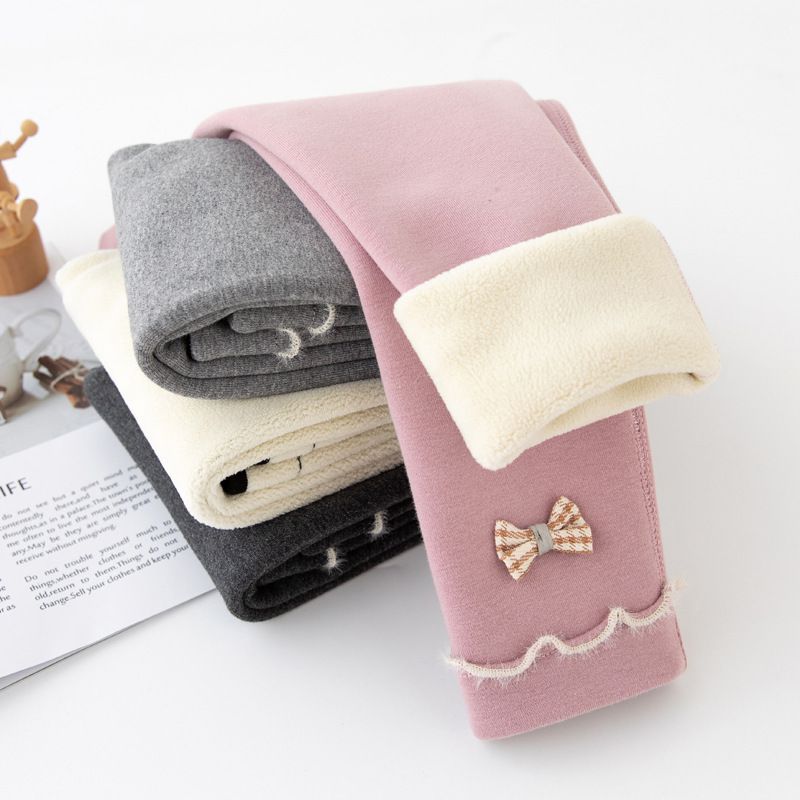 FANMOU - 加絨腰鬆緊兒童內搭褲-木耳邊蝴蝶結-深灰色