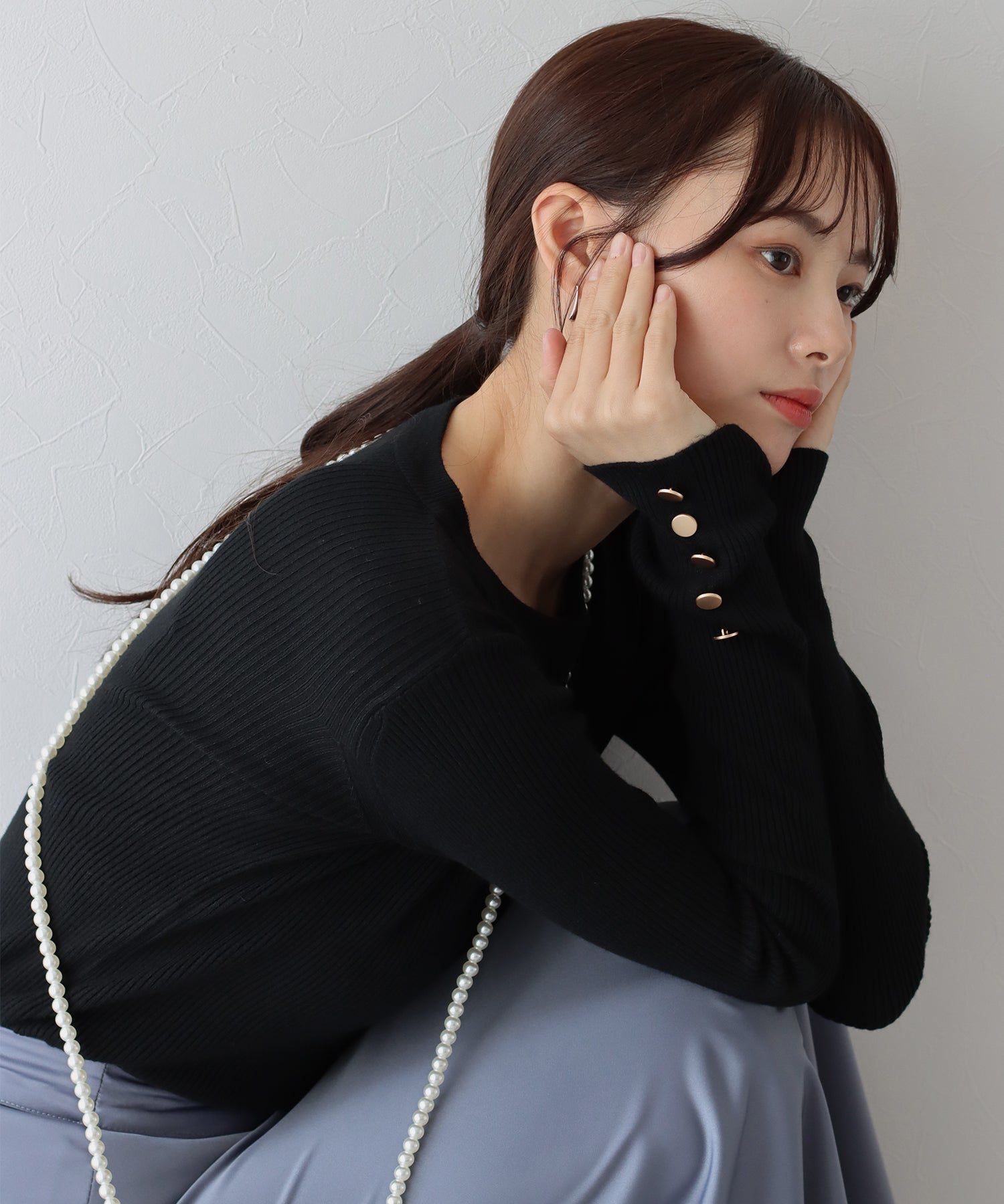 日本 BLUE EAST - 時尚金釦羅紋針織上衣-墨綠